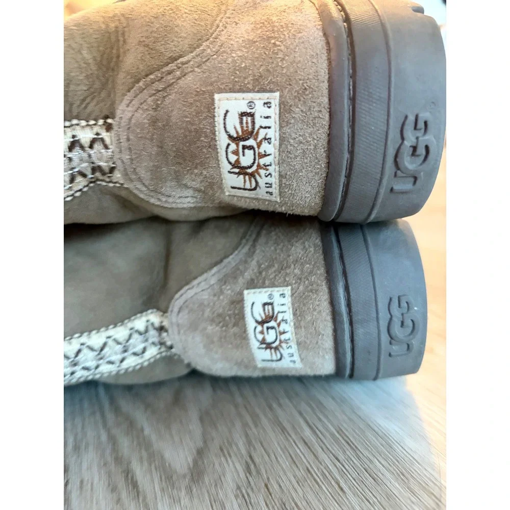 Vintage Ugg Ultra Tall Boots Suede Shearling Embroidered Braid Womens 7 Brown